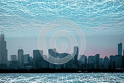 Abstract polygonal mesh waterfront city skyline background. Smart city and web network concept. Stock Photo