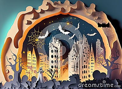 Abstract Portrait building of a city scape with a luminous dress, paper cut, halloween on digital art concept, Generative AI Stock Photo