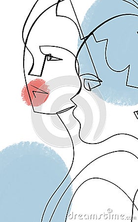 Abstract portrait of mother and daughter drawn by hand with black line and colorful blue and muted red spots on the background. Stock Photo