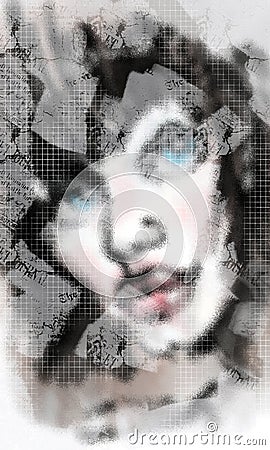 Abstract portrait of woman with blue eyes and straight strict sight behind blurry glass like grunge textured surface with dots and Stock Photo