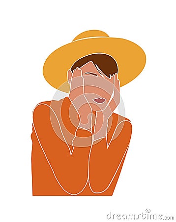 Abstract portrait woman in hat. Trendy faceless female pose. Vector Illustration