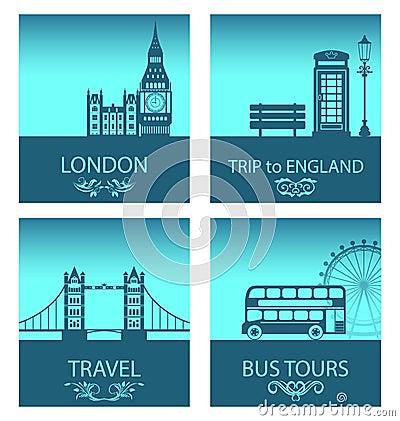 Abstract Postcards for Trip Of England with Silhouette Background of Abstract London Skyline Vector Illustration