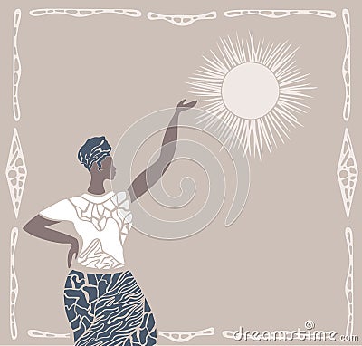 Abstract poster with African woman in turban,minimalistic style.Contemporary collage fashion.Vector illustration.sunshine with dec Vector Illustration