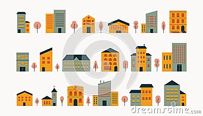 Abstract house exterior set. Colored city landscape buildings front view, residential townhouse flat design. Vector Vector Illustration