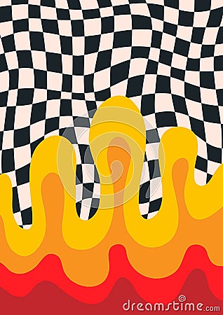 abstract psychedelic checkerboard pattern with liquid fire or lava. Groovy Retro background with checkered pattern Vector Illustration