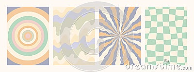 Abstract psychedelic retro pattern set. Groovy backgrounds in retro colors. Trendy wavy vector texture in abstract y2k Vector Illustration