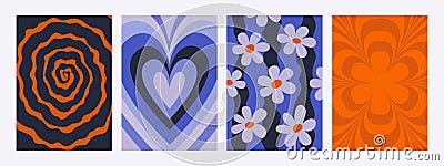 Abstract psychedelic retro pattern set. Groovy backgrounds with daisy and heart patterns. Trendy hippie vector texture Vector Illustration