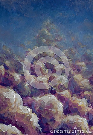Abstract purple fluffy clouds painting Cartoon Illustration