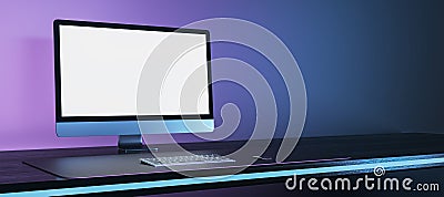 Abstract workplace with empty white mock up computer monitor. Office concept. 3D Rendering Stock Photo