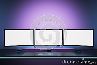 Abstract workplace with three empty white mock up computer monitors. Office concept. 3D Rendering Stock Photo