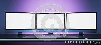Abstract workplace with three empty white mock up computer screens. Office concept. 3D Rendering Stock Photo