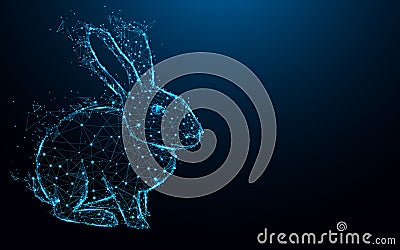 Abstract Rabbit form lines and triangles, point connecting network on blue background. Vector Illustration