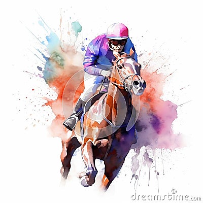 Colorful equestrian art with watercolor racing horse and jockey, generative Ai Cartoon Illustration