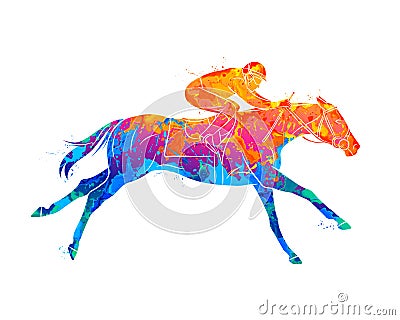 Abstract racing horse with jockey from splash of watercolors. Equestrian sport Vector Illustration