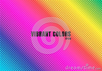 Abstract rainbow color background with halftone texture. Colorful smooth gradient dots pattern. Vibrant colour retro 80`s style Vector Illustration