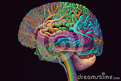 Colorful, abstract view of the human brain in profile. Generative art. Cartoon Illustration