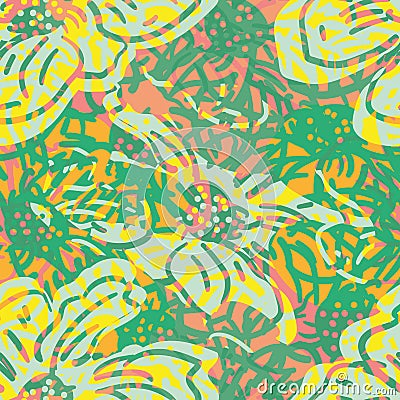 Abstract rainforest wildflower blossom seamless vector texture background. Green orange yellow blended flowers backdrop Vector Illustration