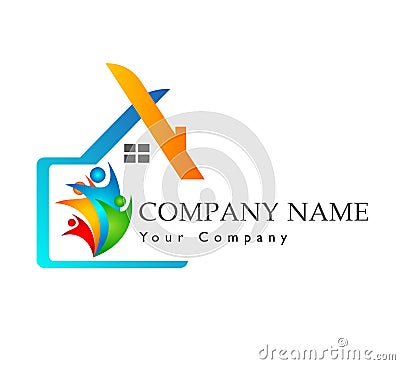 Abstract real estate hands people family green House roof and home logo Stock Photo