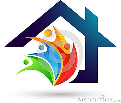 Abstract real estate people save House roof Happy family love care home logo vector element icon design vector on white background Cartoon Illustration