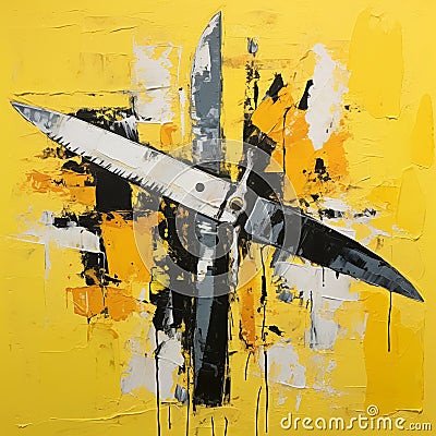 Abstract Realism Painting: Knives On Yellow Wallpaper Stock Photo
