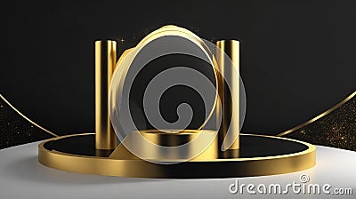 Abstract realistic 3D black and gold cylinder pedestal podium with golden glitter Stock Photo