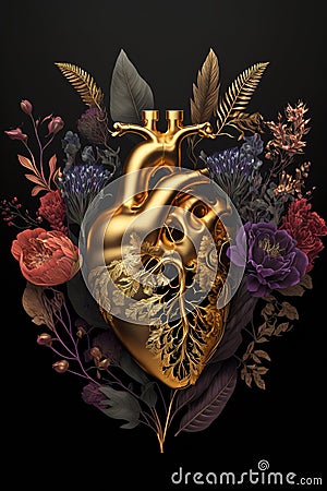 Abstract realistic illustrated golden human heart decorated with dark flowers. Generative Ai. Stock Photo