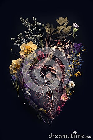 Abstract realistic illustrated heart decorated with flowers. Generative Ai. Stock Photo