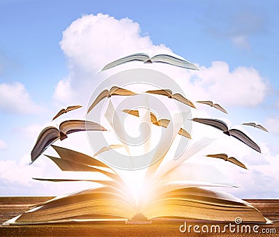 abstract realistic of paper book flying to cloudy sky ,knowledge conceptual Stock Photo