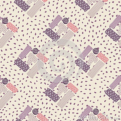 Abstract rectangle ornament seamless pattern. White background with dots. Purple and pink figures Cartoon Illustration