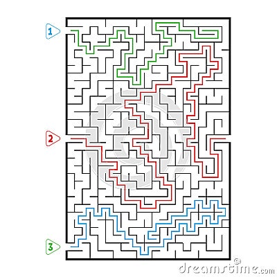 Abstract rectangular large maze. Game for kids. Puzzle for children. Three entrances, one exit. Labyrinth conundrum. Flat vector i Vector Illustration