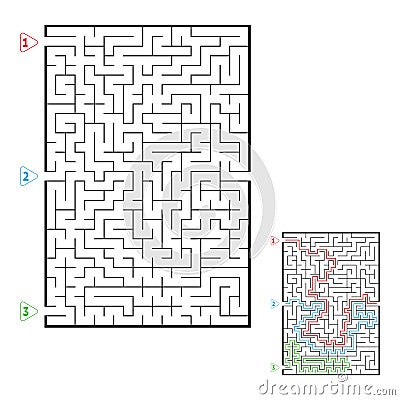 Abstract rectangular large maze. Game for kids. Puzzle for children. Three entrances, one exit. Labyrinth conundrum. Flat vector Vector Illustration