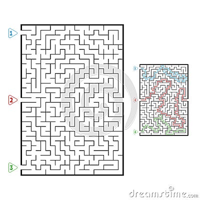 Abstract rectangular large maze. Game for kids. Puzzle for children. Three entrances, one exit. Labyrinth conundrum. Flat vector Vector Illustration