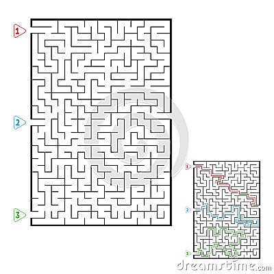 Abstract rectangular large maze. Game for kids. Puzzle for children. Three entrances, one exit. Labyrinth conundrum. Flat vector Vector Illustration