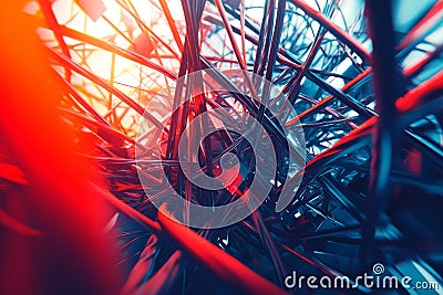 Abstract red and black network cables intertwined with illuminated strands representing complex data flow signal transmission a Cartoon Illustration