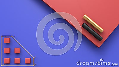 Abstract red blue floor gold and black tube 3d render Stock Photo