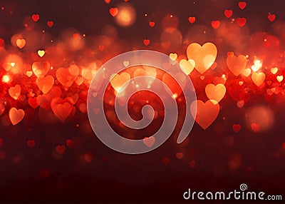 Abstract red color palette background of glowing hearts Stock Photo