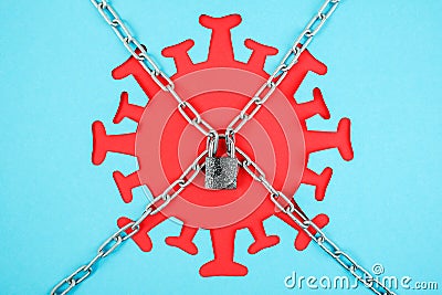 Abstract red coronavirus, virus, bacterium, bacillus or microbe chained and locked. Concept Stop Covid-19, contagion, infection Stock Photo