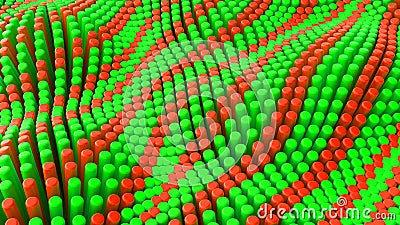 Abstract red green lines background with cylinders. Ceramic round tiles. Geometry pattern. Random cells. Polygonal glossy surface Cartoon Illustration