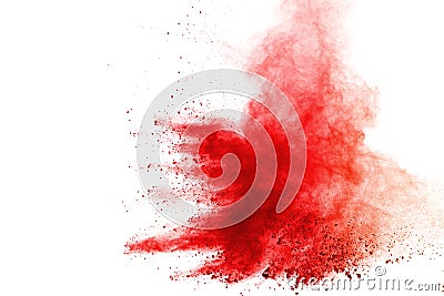 Abstract of red powder explosion on white background. Red powder splatted isolate. Colored cloud. Colored dust explode. Paint Holi Stock Photo