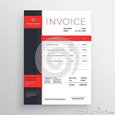 Abstract red theme business invoice template design Vector Illustration