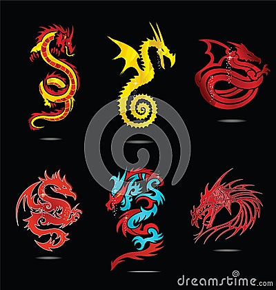 Abstract religion dragon symbols set isolated Vector Illustration