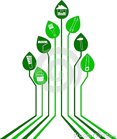 Abstract Remodeling background - connected leaves integrated flat icons. Growth tree idea with home remodel, repair home Vector Illustration