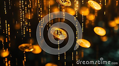 An Abstract Representation of Digital Gold Coins Descending Through a Stream of Binary Code Stock Photo