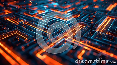 Abstract representation of a digital maze with AI-driven algorithms navigating through Stock Photo