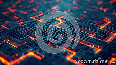 Abstract representation of a digital maze with AI-driven algorithms navigating through Stock Photo