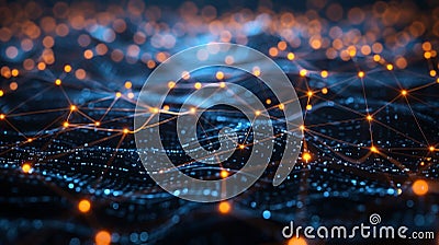 Abstract representation of a digital network with glowing nodes and connections, illustrating data flow and modern technology Stock Photo