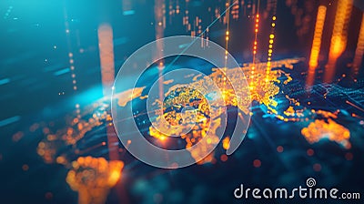 Abstract Digital World Map with Glowing Data Points - Generative AI Stock Photo