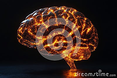 Abstract representation of a human brain featuring glowing neural networks and synapses against a dark background Stock Photo