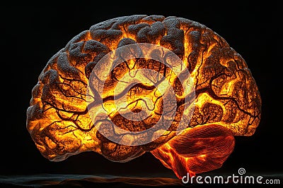 Abstract representation of a human brain featuring glowing neural networks and synapses against a dark background Cartoon Illustration