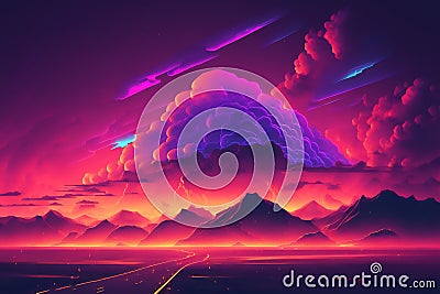 Abstract retro futuristic neon landscape in synthwave style. Glowing surface strange neon clouds. Generative ai ilustration Cartoon Illustration